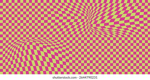 Abstract wavy psychedelic checkerboard background . Trippy design with distortion grid effect. Twisted wavy and groovy geometrical chessboard.