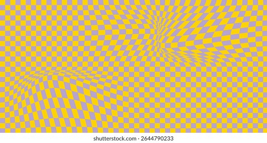Abstract wavy psychedelic checkerboard background . Trippy design with distortion grid effect. Twisted wavy and groovy geometrical chessboard.