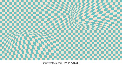 Abstract wavy psychedelic checkerboard background . Trippy design with distortion grid effect. Twisted wavy and groovy geometrical chessboard.