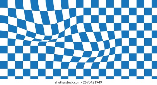 Abstract wavy psychedelic checkerboard background with white and blue colors. Trippy design with distortion grid effect. Twisted wavy and groovy geometrical chessboard. Vector illustration. EPS 10