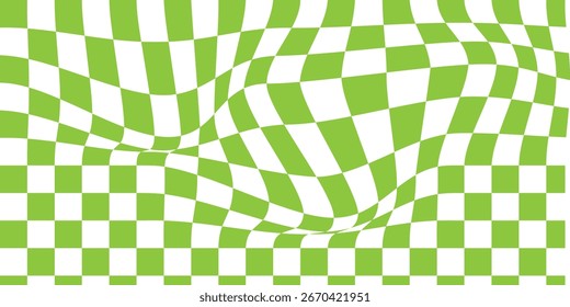 Resumo ondulado fundo xadrez psicodélico com cores brancas e azuis. Design de disquete com efeito de grade de distorção. Chessboard geométrico ondulado torcido e groovy. Ilustração vetorial. EPS 10