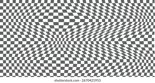 Abstractas fondo de tablero de ajedrez psicodélico ondulado con colores blancos y azules. Diseño trippy con efecto de rejilla de distorsión. Tablero de ajedrez geométrico trenzado y ondulado. Ilustración vectorial. EPS 10