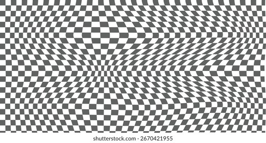 Abstract wavy psychedelic checkerboard background with white and blue colors. Trippy design with distortion grid effect. Twisted wavy and groovy geometrical chessboard. Vector illustration. EPS 10