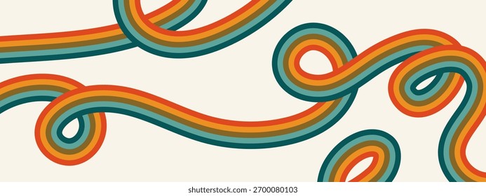 Abstraktes wellenförmiges Regenbogenstreifenmuster. Retro 60er Jahre Stil Hintergrund mit groovigen bunten Linien