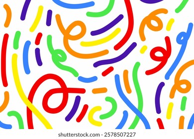 Abstract wavy ribbon. Colorful curvy line background. Party confetti background. Rainbow colored line. Vector pattern.
