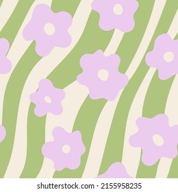 Abstract wavy seamless pattern with cute daisy flowers and lines. Blossom spring backdrop. Trendy retro psychedelic background in 90s, 00s style. 