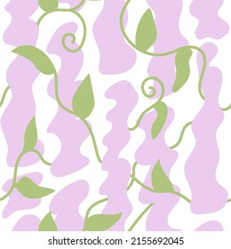 Abstract wavy seamless pattern with green leaves and abstract shapes. Blossom spring background with organic shapes