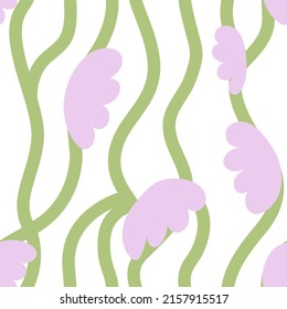 Abstract wavy seamless pattern with pink flowers and lines. Blossom spring background