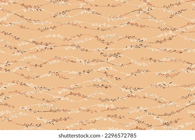 Abstract wavy seamless pattern with plant sprigs. Simple autumn background with leaves on yellow. Lovely stylized grass print