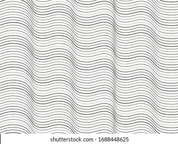 Abstract wavy seamless texture. Universal vector background. Black and white lines of different thicknesses at equal intervals. Simulate of uneven or curved surface. Repeating wavy geometric pattern.