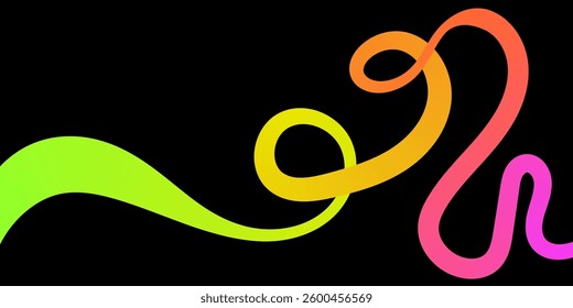 Abstract wavy shape with rainbow gradient. Vector squiggles line wave isolated on a back background with copy space. Rainbow ribbon flowing in dynamic curve

