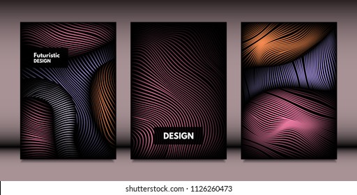 Abstract Wavy Shapes with 3d Effect. Cover Design Templates Set with Vibrant Gradient and Wavy Stripes in Minimal Style. Vector Abstraction with Distorted Lines. Wavy Shapes for Cover, Brochure, Book