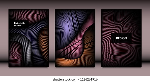Abstract Wavy Shapes with 3d Effect. Cover Design Templates Set with Vibrant Gradient and Wavy Stripes in Minimal Style. Vector Abstraction with Distorted Lines. Wavy Shapes for Cover, Brochure, Book