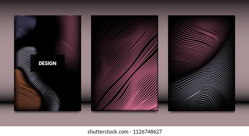 Abstract Wavy Shapes with 3d Effect. Cover Design Templates Set with Vibrant Gradient and Wavy Stripes in Minimal Style. Vector Abstraction with Distorted Lines. Wavy Shapes for Cover, Brochure, Book
