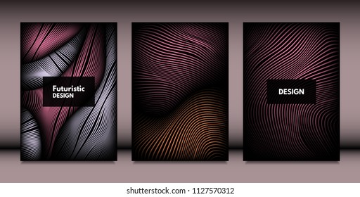 Abstract Wavy Shapes with 3d Effect. Cover Design Templates Set with Vibrant Gradient and Wavy Stripes in Minimal Style. Vector Abstraction with Distorted Lines. Wavy Shapes for Cover, Brochure, Book