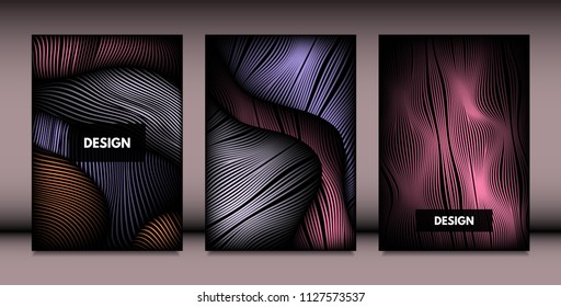 Abstract Wavy Shapes with 3d Effect. Cover Design Templates Set with Vibrant Gradient and Wavy Stripes in Minimal Style. Vector Abstraction with Distorted Lines. Wavy Shapes for Cover, Brochure, Book