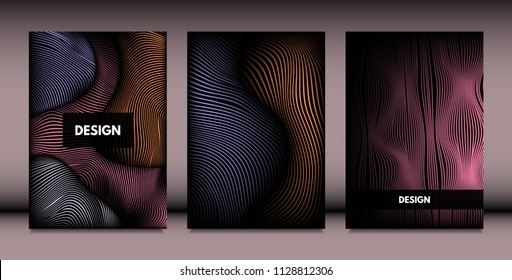 Abstract Wavy Shapes with 3d Effect. Cover Design Templates Set with Vibrant Gradient and Wavy Stripes in Minimal Style. Vector Abstraction with Distorted Lines. Wavy Shapes for Cover, Brochure, Book