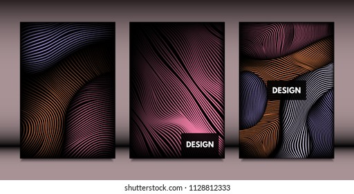 Abstract Wavy Shapes with 3d Effect. Cover Design Templates Set with Vibrant Gradient and Wavy Stripes in Minimal Style. Vector Abstraction with Distorted Lines. Wavy Shapes for Cover, Brochure, Book