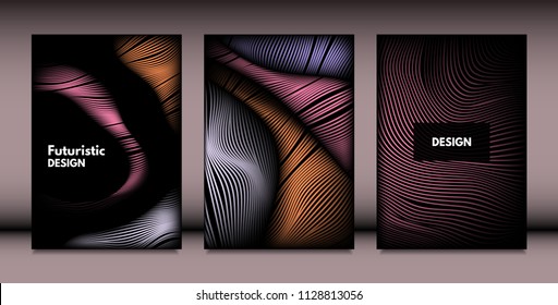Abstract Wavy Shapes with 3d Effect. Cover Design Templates Set with Vibrant Gradient and Wavy Stripes in Minimal Style. Vector Abstraction with Distorted Lines. Wavy Shapes for Cover, Brochure, Book