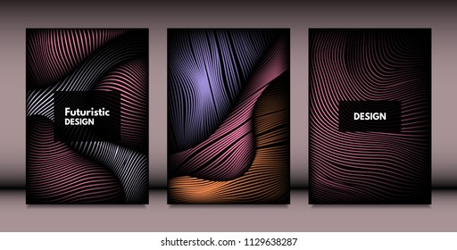 Abstract Wavy Shapes with 3d Effect. Cover Design Templates Set with Vibrant Gradient and Wavy Stripes in Minimal Style. Vector Abstraction with Distorted Lines. Wavy Shapes for Cover, Brochure, Book