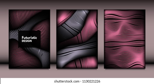 Abstract Wavy Shapes with 3d Effect. Cover Design Templates Set with Vibrant Gradient and Wavy Stripes in Minimal Style. Vector Abstraction with Distorted Lines. Wavy Shapes for Cover, Brochure, Book