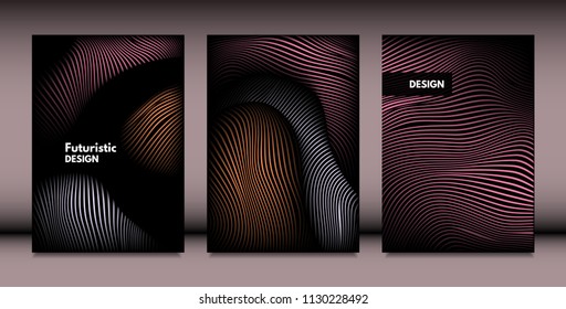 Abstract Wavy Shapes with 3d Effect. Cover Design Templates Set with Vibrant Gradient and Wavy Stripes in Minimal Style. Vector Abstraction with Distorted Lines. Wavy Shapes for Cover, Brochure, Book