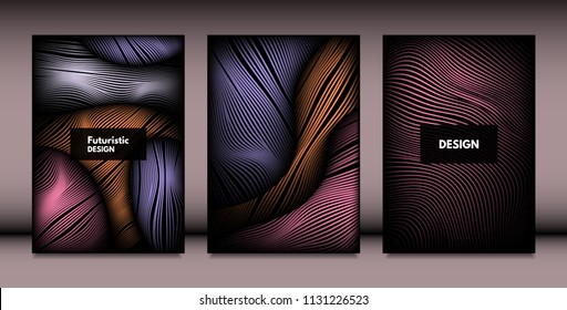 Abstract Wavy Shapes with 3d Effect. Cover Design Templates Set with Vibrant Gradient and Wavy Stripes in Minimal Style. Vector Abstraction with Distorted Lines. Wavy Shapes for Cover, Brochure, Book
