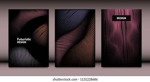 Abstract Wavy Shapes with 3d Effect. Cover Design Templates Set with Vibrant Gradient and Wavy Stripes in Minimal Style. Vector Abstraction with Distorted Lines. Wavy Shapes for Cover, Brochure, Book