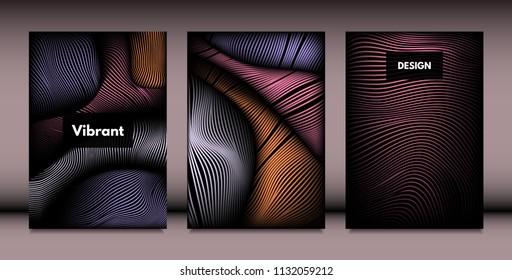 Abstract Wavy Shapes with 3d Effect. Cover Design Templates Set with Vibrant Gradient and Wavy Stripes in Minimal Style. Vector Abstraction with Distorted Lines. Wavy Shapes for Cover, Brochure, Book
