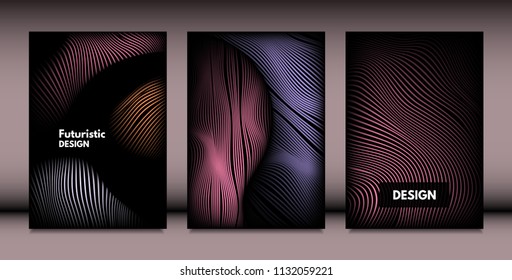 Abstract Wavy Shapes with 3d Effect. Cover Design Templates Set with Vibrant Gradient and Wavy Stripes in Minimal Style. Vector Abstraction with Distorted Lines. Wavy Shapes for Cover, Brochure, Book