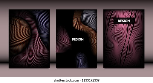 Abstract Wavy Shapes with 3d Effect. Cover Design Templates Set with Vibrant Gradient and Wavy Stripes in Minimal Style. Vector Abstraction with Distorted Lines. Wavy Shapes for Cover, Brochure, Book