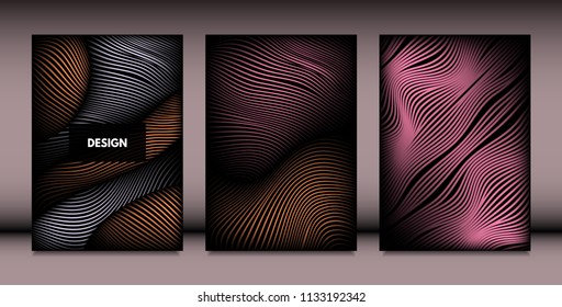 Abstract Wavy Shapes with 3d Effect. Cover Design Templates Set with Vibrant Gradient and Wavy Stripes in Minimal Style. Vector Abstraction with Distorted Lines. Wavy Shapes for Cover, Brochure, Book