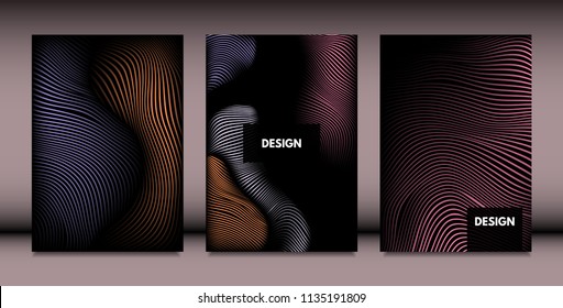 Abstract Wavy Shapes with 3d Effect. Cover Design Templates Set with Vibrant Gradient and Wavy Stripes in Minimal Style. Vector Abstraction with Distorted Lines. Wavy Shapes for Cover, Brochure, Book