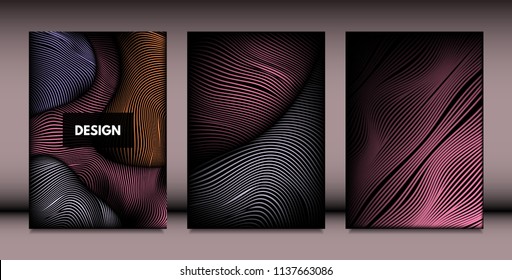 Abstract Wavy Shapes with 3d Effect. Cover Design Templates Set with Vibrant Gradient and Wavy Stripes in Minimal Style. Vector Abstraction with Distorted Lines. Wavy Shapes for Cover, Brochure, Book
