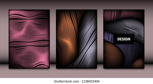 Abstract Wavy Shapes with 3d Effect. Cover Design Templates Set with Vibrant Gradient and Wavy Stripes in Minimal Style. Vector Abstraction with Distorted Lines. Wavy Shapes for Cover, Brochure, Book
