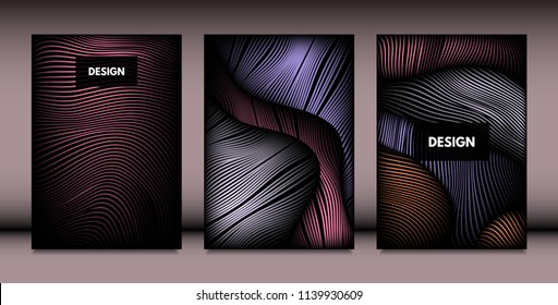 Abstract Wavy Shapes with 3d Effect. Cover Design Templates Set with Vibrant Gradient and Wavy Stripes in Minimal Style. Vector Abstraction with Distorted Lines. Wavy Shapes for Cover, Brochure, Book