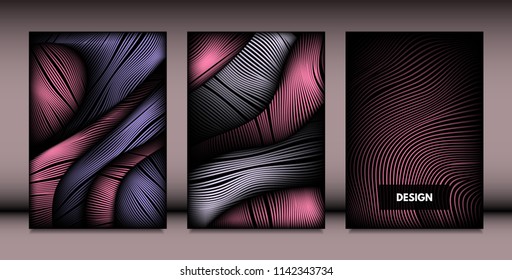 Abstract Wavy Shapes with 3d Effect. Cover Design Templates Set with Vibrant Gradient and Wavy Stripes in Minimal Style. Vector Abstraction with Distorted Lines. Wavy Shapes for Cover, Brochure, Book