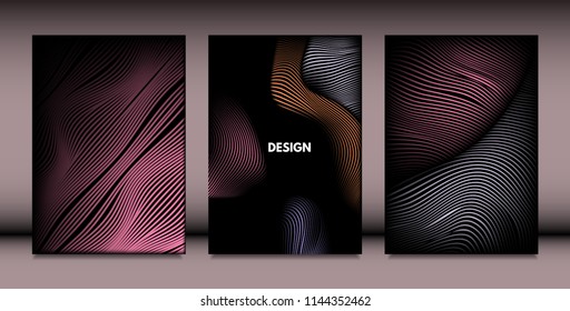 Abstract Wavy Shapes with 3d Effect. Cover Design Templates Set with Vibrant Gradient and Wavy Stripes in Minimal Style. Vector Abstraction with Distorted Lines. Wavy Shapes for Cover, Brochure, Book