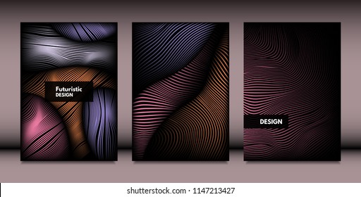 Abstract Wavy Shapes with 3d Effect. Cover Design Templates Set with Vibrant Gradient and Wavy Stripes in Minimal Style. Vector Abstraction with Distorted Lines. Wavy Shapes for Cover, Brochure, Book