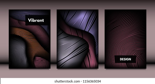 Abstract Wavy Shapes with 3d Effect. Cover Design Templates Set with Vibrant Gradient and Wavy Stripes in Minimal Style. Vector Abstraction with Distorted Lines. Wavy Shapes for Cover, Brochure, Book
