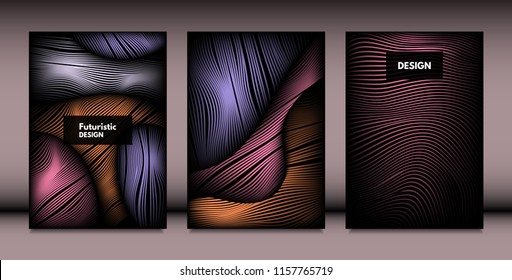 Abstract Wavy Shapes with 3d Effect. Cover Design Templates Set with Vibrant Gradient and Wavy Stripes in Minimal Style. Vector Abstraction with Distorted Lines. Wavy Shapes for Cover, Brochure, Book