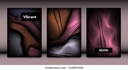 Abstract Wavy Shapes with 3d Effect. Cover Design Templates Set with Vibrant Gradient and Wavy Stripes in Minimal Style. Vector Abstraction with Distorted Lines. Wavy Shapes for Cover, Brochure, Book