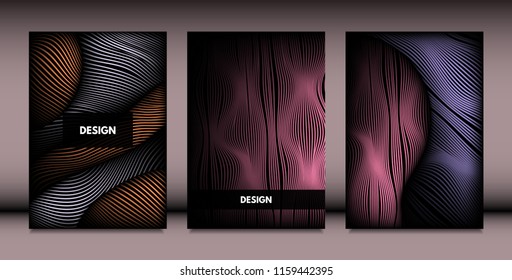 Abstract Wavy Shapes with 3d Effect. Cover Design Templates Set with Vibrant Gradient and Wavy Stripes in Minimal Style. Vector Abstraction with Distorted Lines. Wavy Shapes for Cover, Brochure, Book