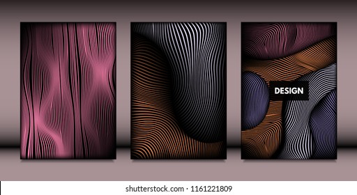 Abstract Wavy Shapes with 3d Effect. Cover Design Templates Set with Vibrant Gradient and Wavy Stripes in Minimal Style. Vector Abstraction with Distorted Lines. Wavy Shapes for Cover, Brochure, Book