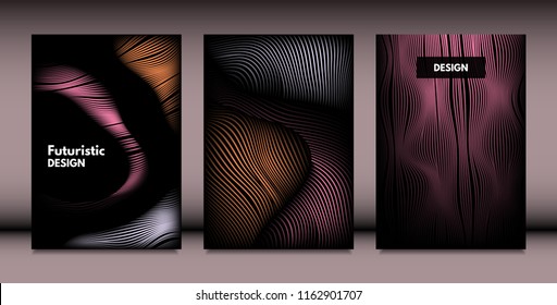 Abstract Wavy Shapes with 3d Effect. Cover Design Templates Set with Vibrant Gradient and Wavy Stripes in Minimal Style. Vector Abstraction with Distorted Lines. Wavy Shapes for Cover, Brochure, Book