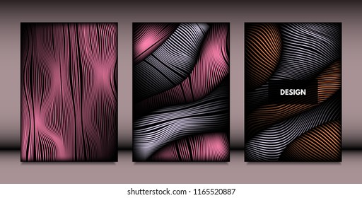Abstract Wavy Shapes with 3d Effect. Cover Design Templates Set with Vibrant Gradient and Wavy Stripes in Minimal Style. Vector Abstraction with Distorted Lines. Wavy Shapes for Cover, Brochure, Book