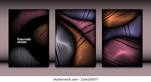Abstract Wavy Shapes with 3d Effect. Cover Design Templates Set with Vibrant Gradient and Wavy Stripes in Minimal Style. Vector Abstraction with Distorted Lines. Wavy Shapes for Cover, Brochure, Book