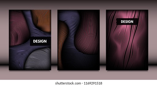 Abstract Wavy Shapes with 3d Effect. Cover Design Templates Set with Vibrant Gradient and Wavy Stripes in Minimal Style. Vector Abstraction with Distorted Lines. Wavy Shapes for Cover, Brochure, Book