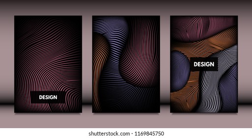 Abstract Wavy Shapes with 3d Effect. Cover Design Templates Set with Vibrant Gradient and Wavy Stripes in Minimal Style. Vector Abstraction with Distorted Lines. Wavy Shapes for Cover, Brochure, Book