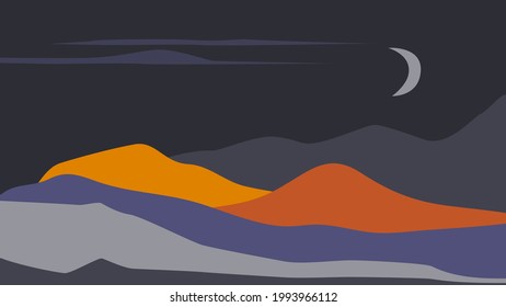 abstract wavy shapes mountain and hills night landscape, vector illustration scenery in earthy color palette